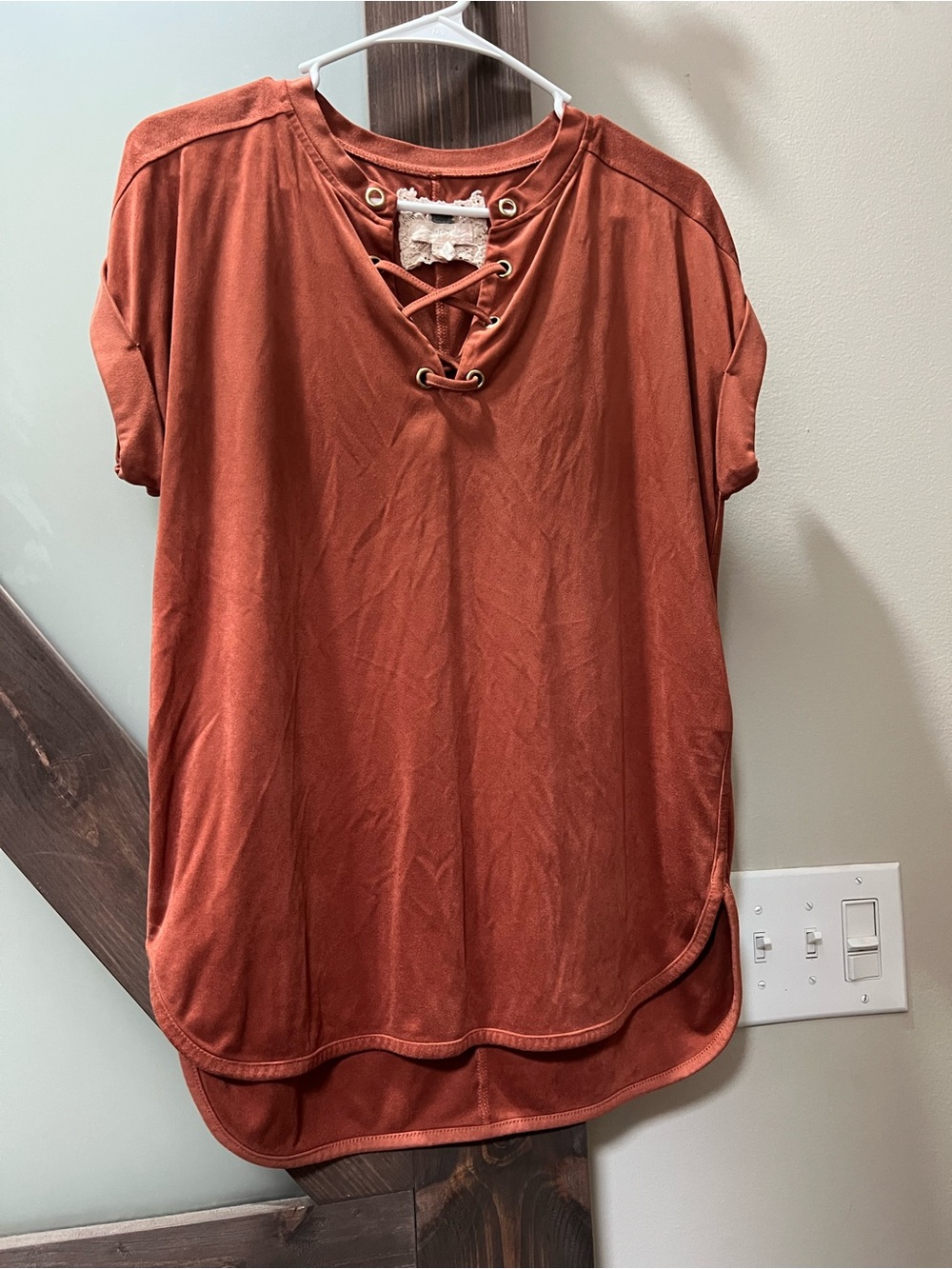 Cupio Lace-Up Short Sleeve Top - Rust Orange